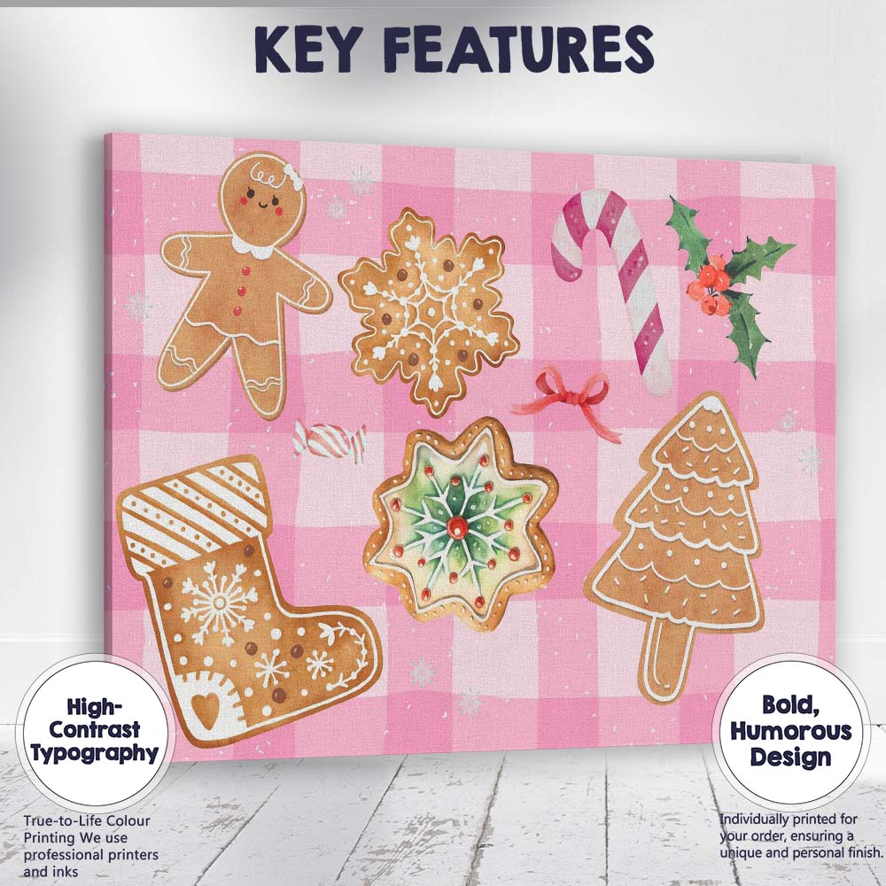 Cute Pink Gingerbread Christmas Cookies Festive Watercolour Pattern Canvas Wall Art Print Decor Picture Ready to Hang