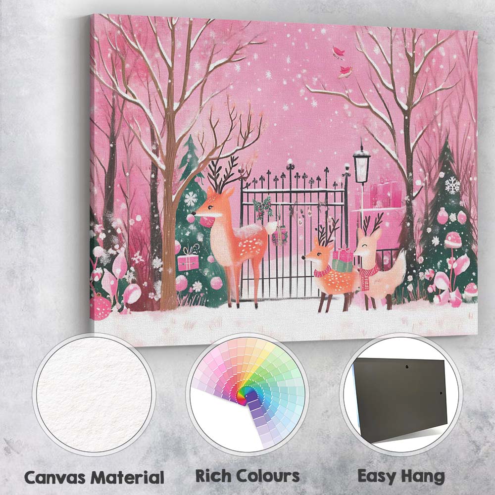 Whimsical Pink Winter Woodland Reindeer Christmas Garden Watercolour Scene Canvas Wall Art Print Decor Picture Ready to Hang