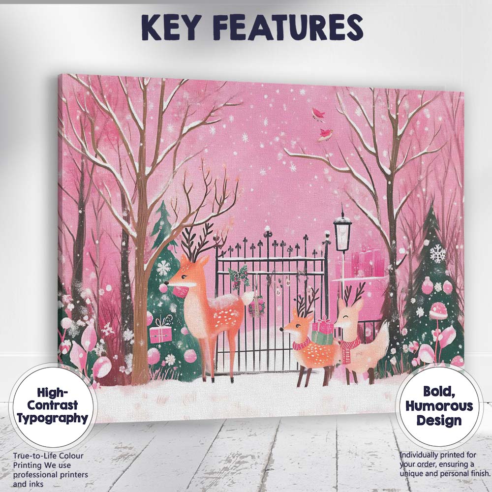 Whimsical Pink Winter Woodland Reindeer Christmas Garden Watercolour Scene Canvas Wall Art Print Decor Picture Ready to Hang