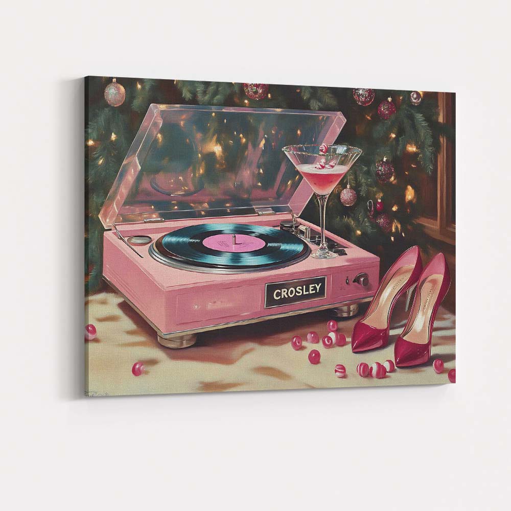 Pink Christmas Record Player Cocktail And High Heels Festive Glam Canvas Wall Art Print Decor Picture Ready to Hang
