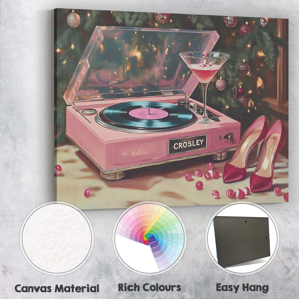 Pink Christmas Record Player Cocktail And High Heels Festive Glam Canvas Wall Art Print Decor Picture Ready to Hang