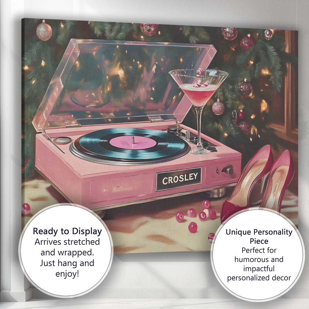 Pink Christmas Record Player Cocktail And High Heels Festive Glam Canvas Wall Art Print Decor Picture Ready to Hang
