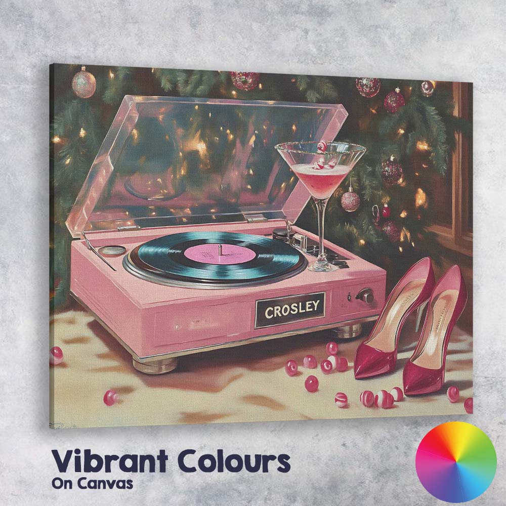 Pink Christmas Record Player Cocktail And High Heels Festive Glam Canvas Wall Art Print Decor Picture Ready to Hang