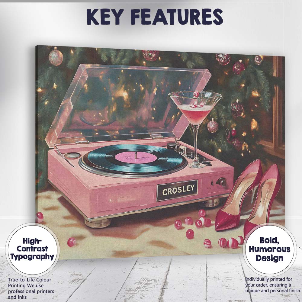 Pink Christmas Record Player Cocktail And High Heels Festive Glam Canvas Wall Art Print Decor Picture Ready to Hang