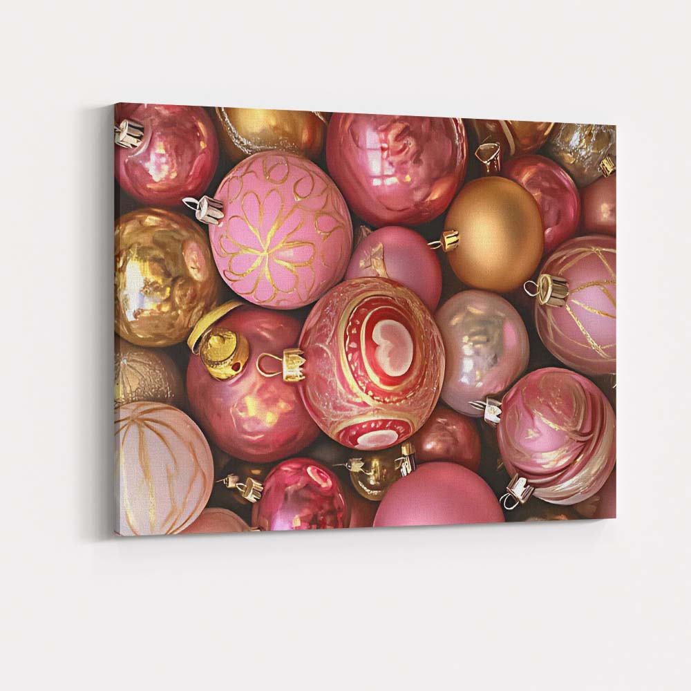 Luxury Pink And Gold Christmas Baubles Festive Ornament Pattern Canvas Wall Art Print Decor Picture Ready to Hang