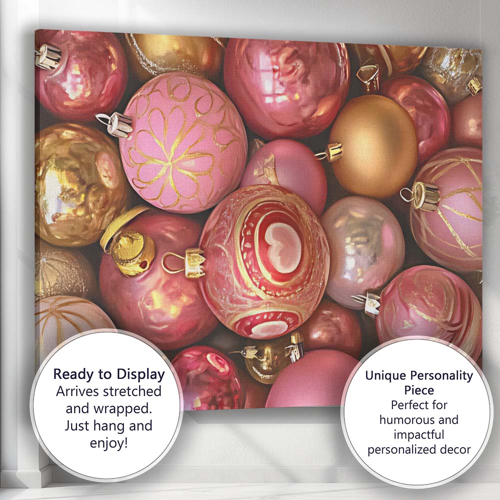 Luxury Pink And Gold Christmas Baubles Festive Ornament Pattern Canvas Wall Art Print Decor Picture Ready to Hang