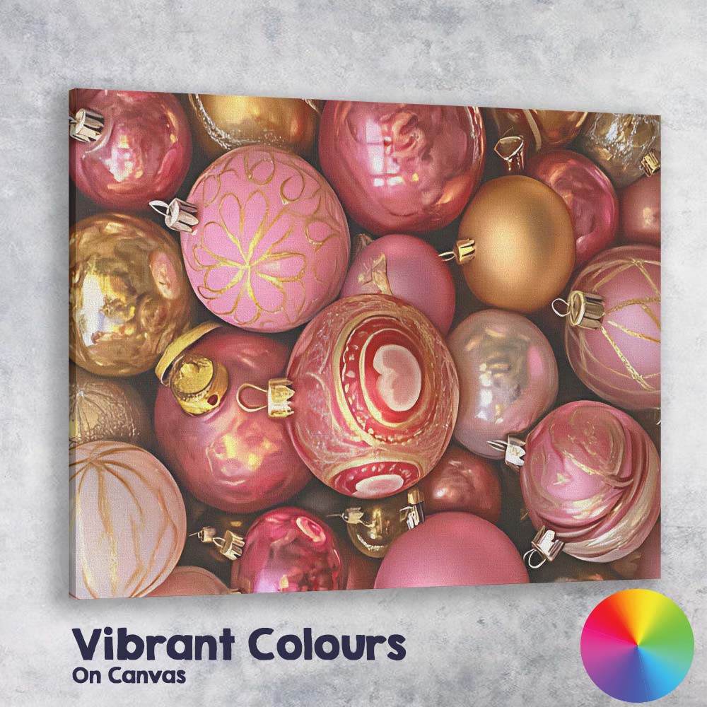 Luxury Pink And Gold Christmas Baubles Festive Ornament Pattern Canvas Wall Art Print Decor Picture Ready to Hang