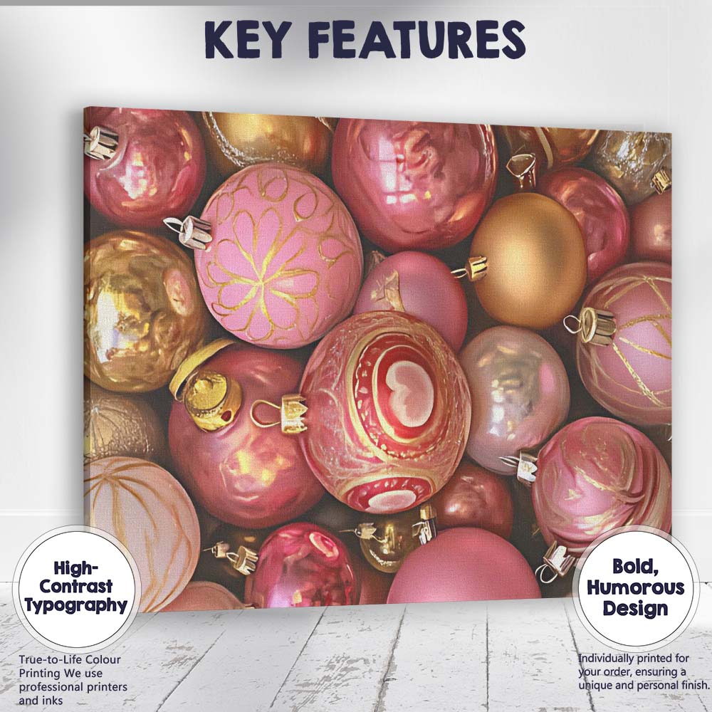 Luxury Pink And Gold Christmas Baubles Festive Ornament Pattern Canvas Wall Art Print Decor Picture Ready to Hang