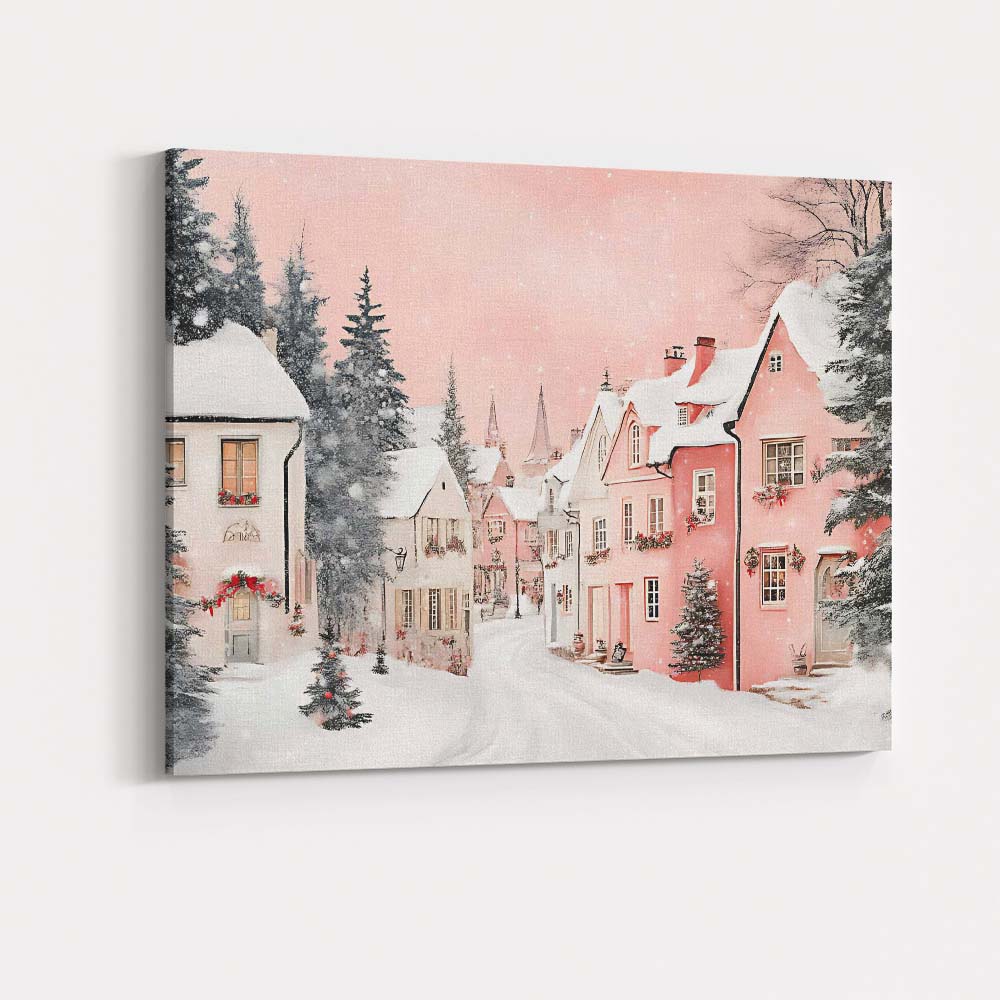 Pink And White Snowy Christmas Village Scenic Winter Street Canvas Wall Art Print Decor Picture Ready to Hang