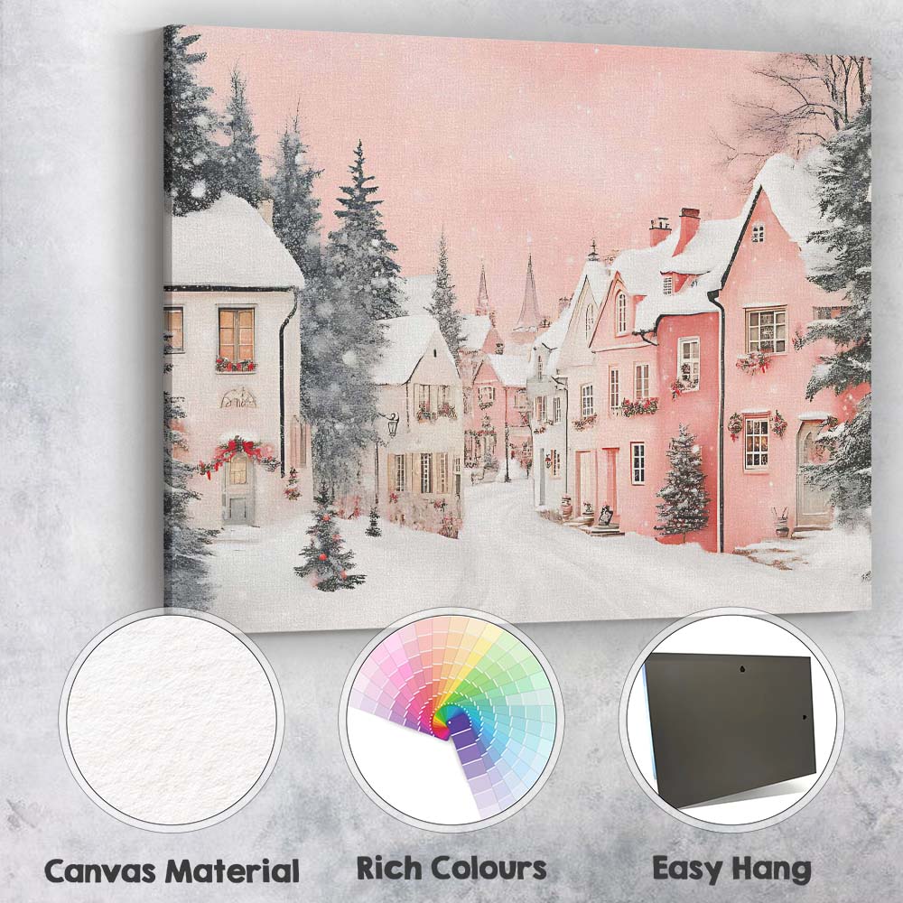 Pink And White Snowy Christmas Village Scenic Winter Street Canvas Wall Art Print Decor Picture Ready to Hang