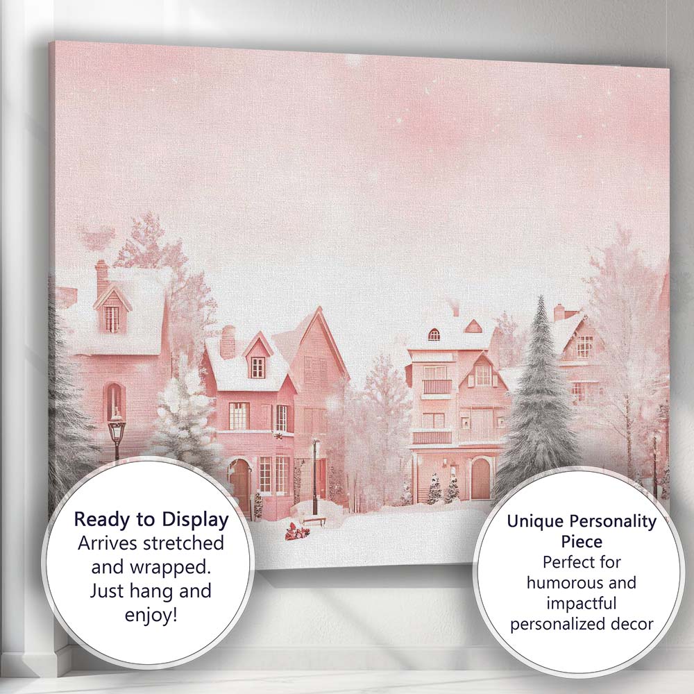 Soft Pastel Pink Winter Village Snowy Christmas Landscape Canvas Wall Art Print Decor Picture Ready to Hang