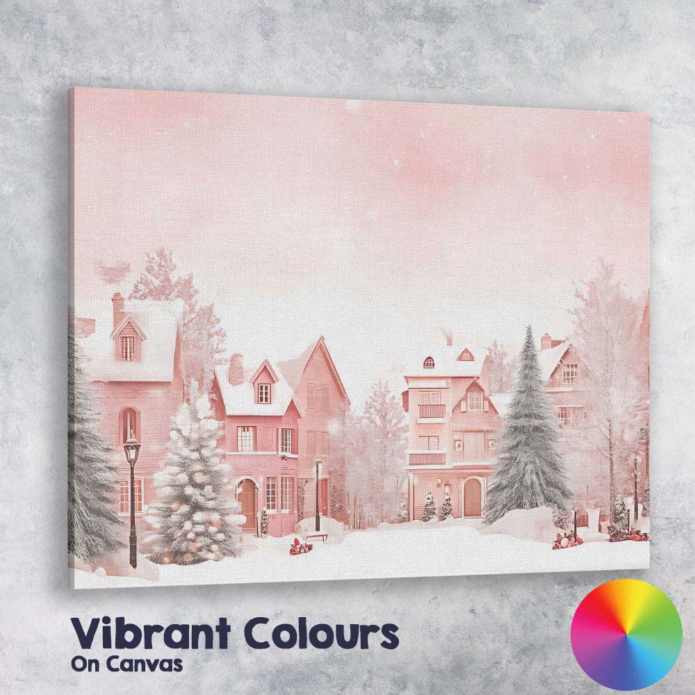 Soft Pastel Pink Winter Village Snowy Christmas Landscape Canvas Wall Art Print Decor Picture Ready to Hang