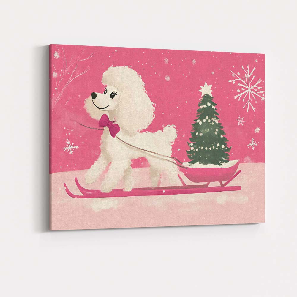 Cute White Poodle Pulling Christmas Tree On Sleigh Winter Illustration Canvas Wall Art Print Decor Picture Ready to Hang