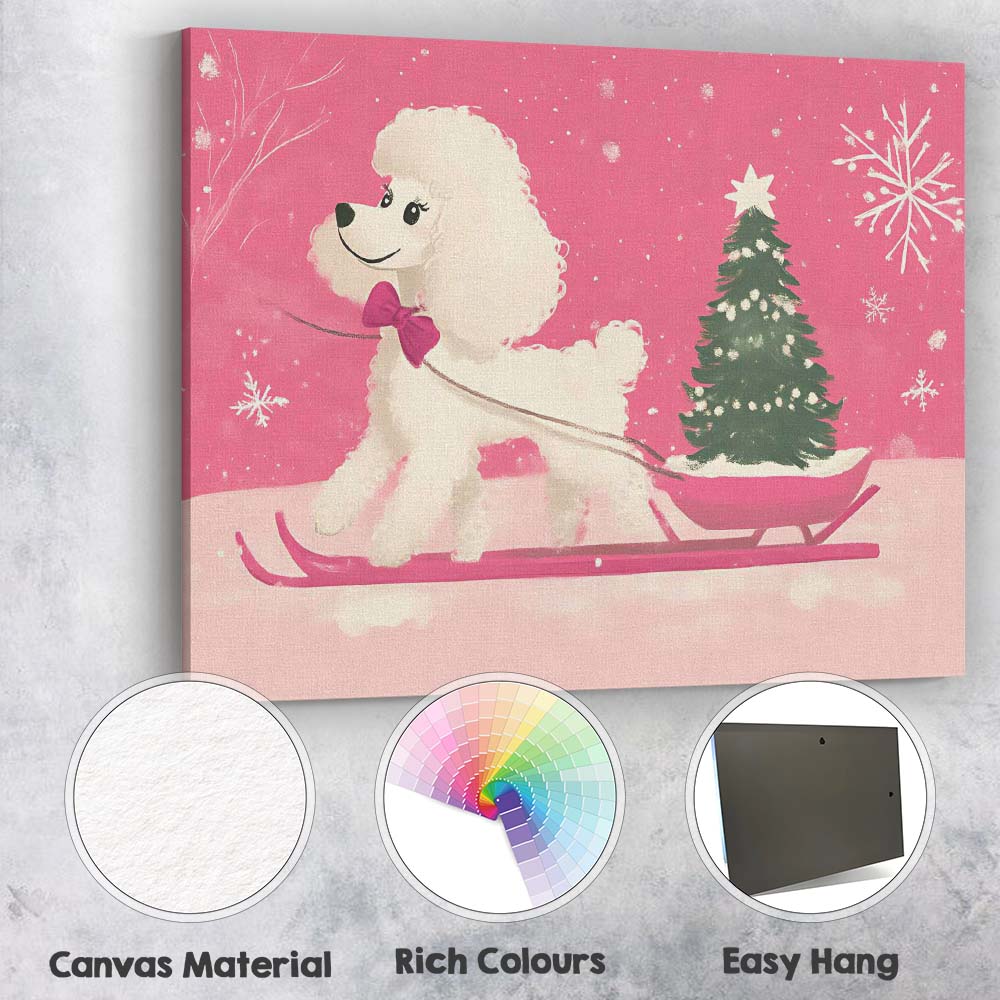 Cute White Poodle Pulling Christmas Tree On Sleigh Winter Illustration Canvas Wall Art Print Decor Picture Ready to Hang