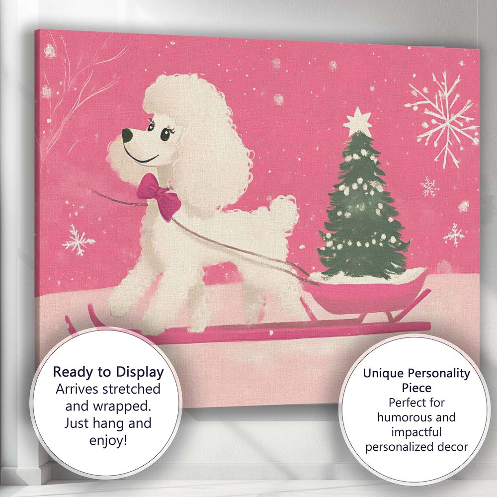 Cute White Poodle Pulling Christmas Tree On Sleigh Winter Illustration Canvas Wall Art Print Decor Picture Ready to Hang
