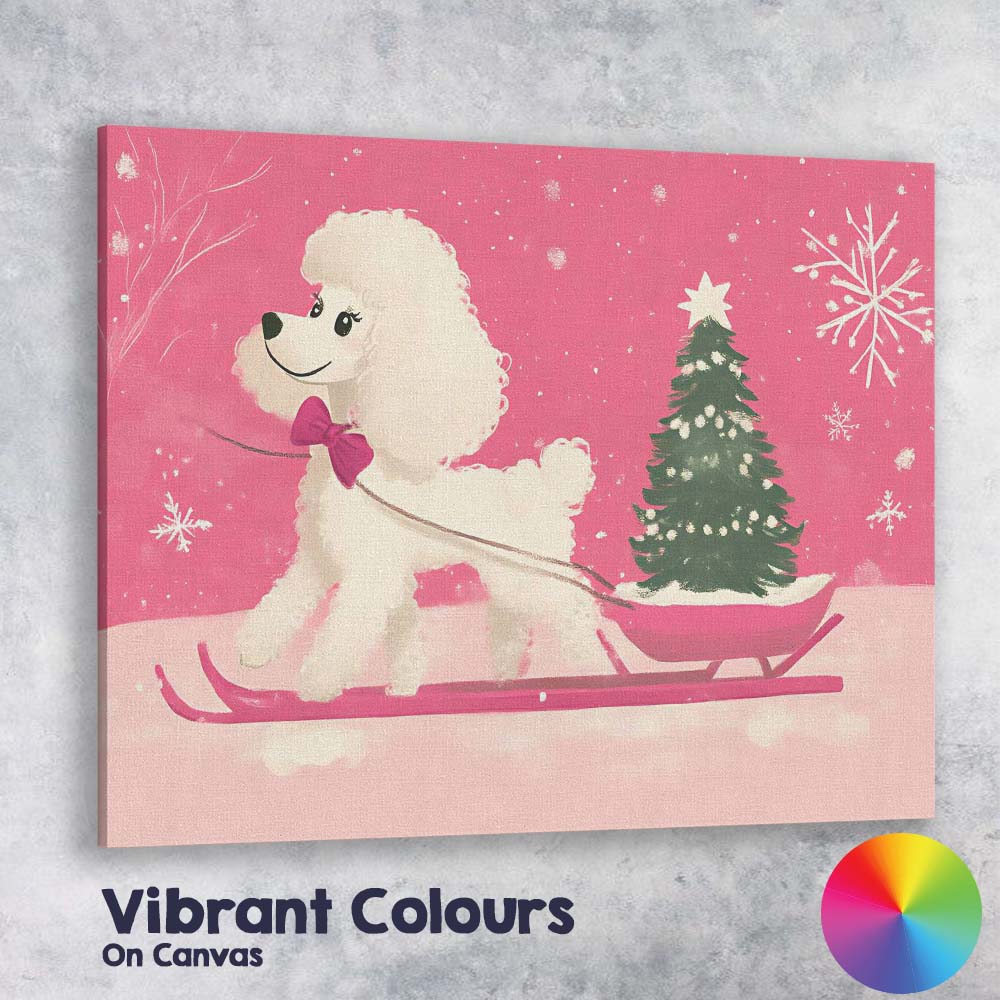Cute White Poodle Pulling Christmas Tree On Sleigh Winter Illustration Canvas Wall Art Print Decor Picture Ready to Hang