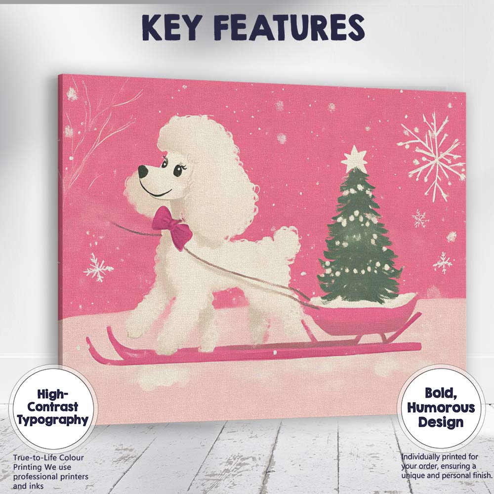 Cute White Poodle Pulling Christmas Tree On Sleigh Winter Illustration Canvas Wall Art Print Decor Picture Ready to Hang