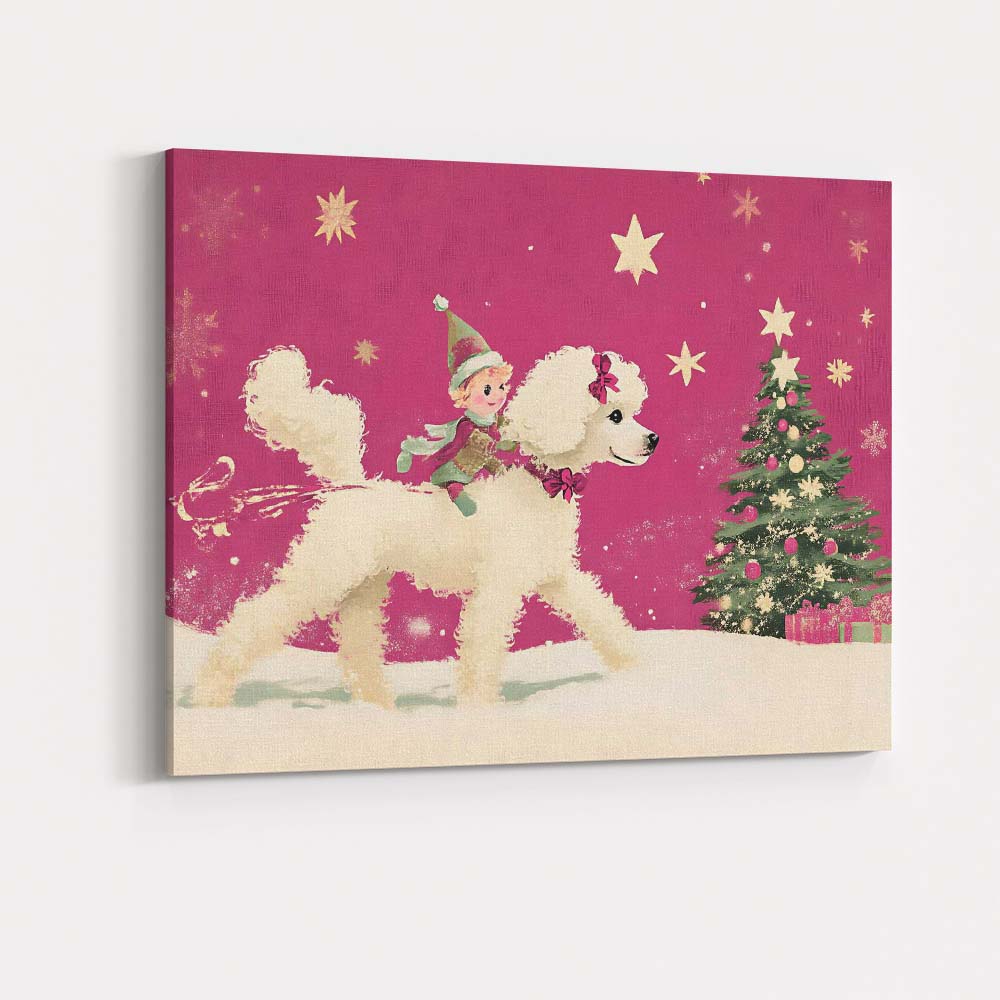Whimsical Christmas Elf Riding White Poodle Festive Holiday Illustration Canvas Wall Art Print Decor Picture Ready to Hang