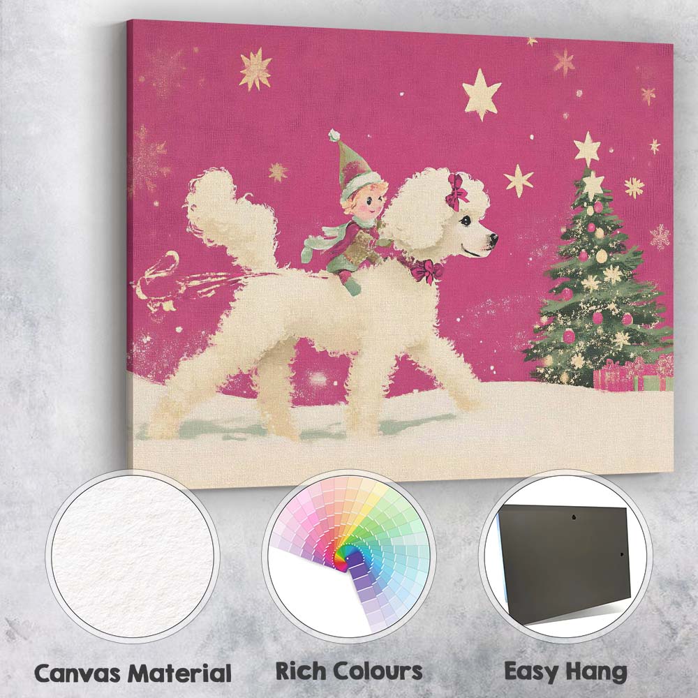 Whimsical Christmas Elf Riding White Poodle Festive Holiday Illustration Canvas Wall Art Print Decor Picture Ready to Hang