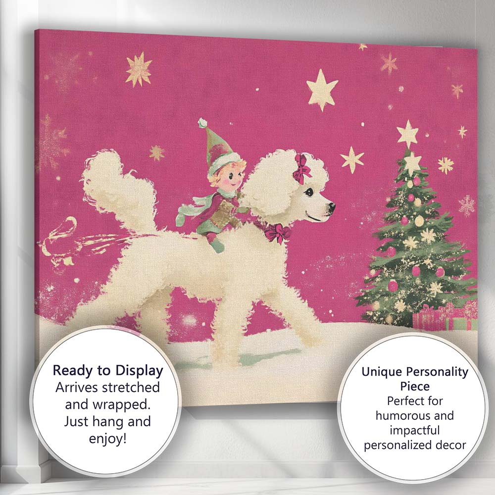 Whimsical Christmas Elf Riding White Poodle Festive Holiday Illustration Canvas Wall Art Print Decor Picture Ready to Hang