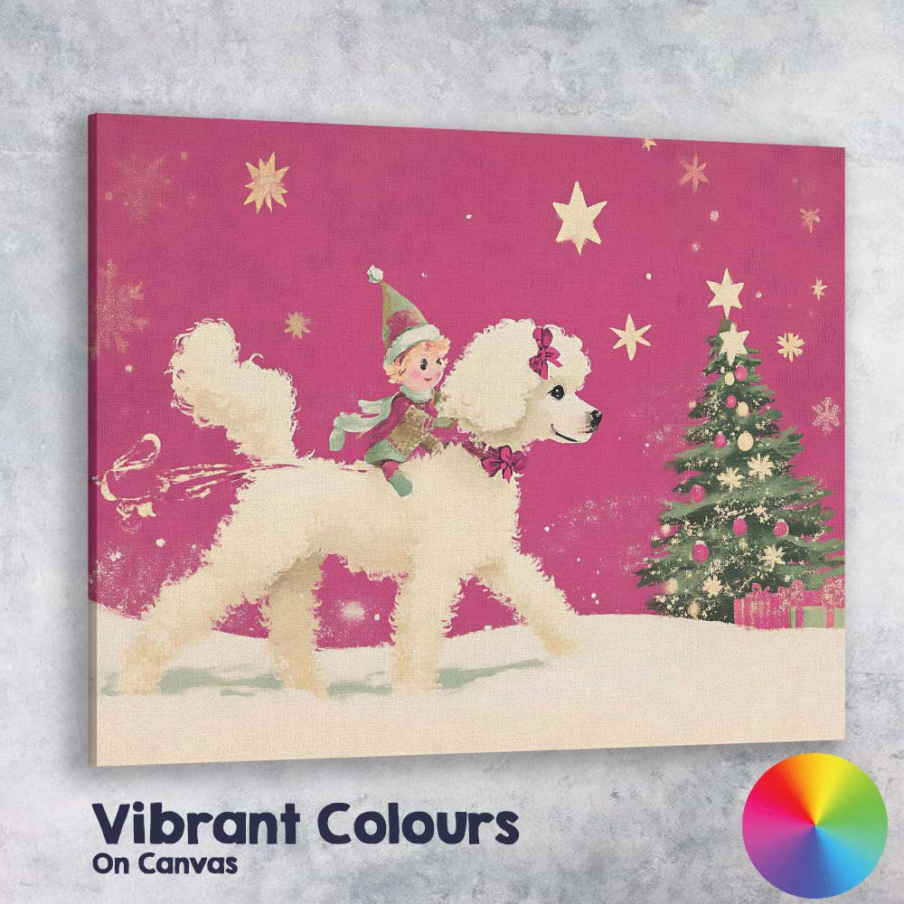 Whimsical Christmas Elf Riding White Poodle Festive Holiday Illustration Canvas Wall Art Print Decor Picture Ready to Hang