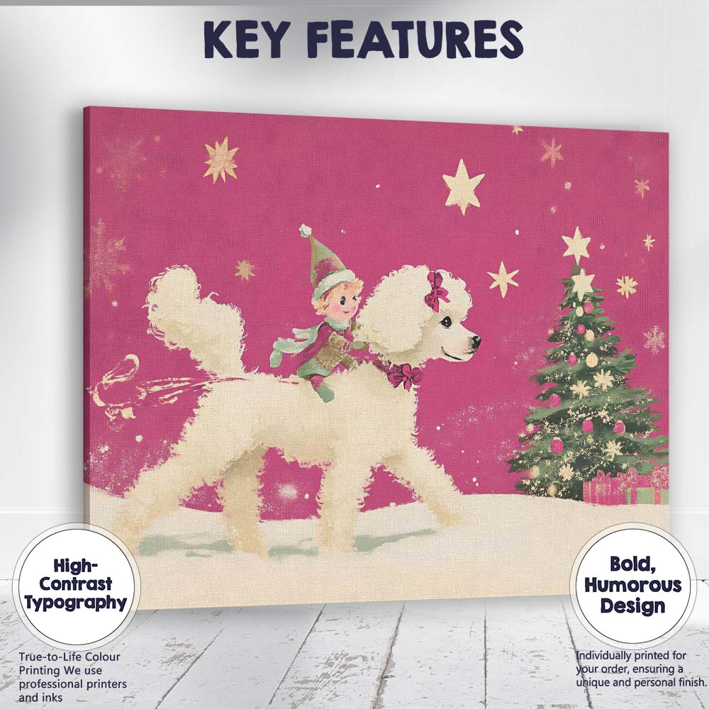Whimsical Christmas Elf Riding White Poodle Festive Holiday Illustration Canvas Wall Art Print Decor Picture Ready to Hang