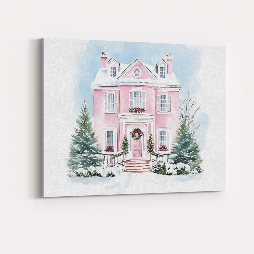 Elegant Pink Christmas House Snowy Watercolour Winter Home Canvas Wall Art Print Decor Picture Ready to Hang