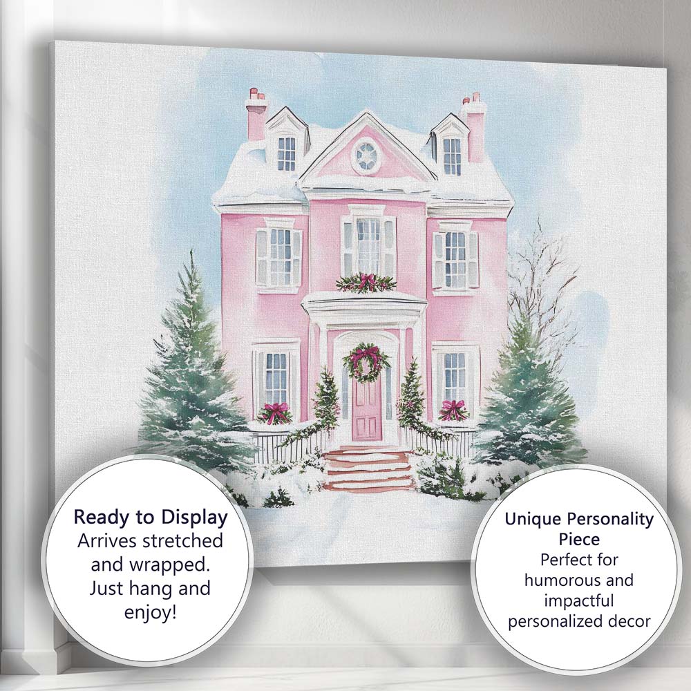 Elegant Pink Christmas House Snowy Watercolour Winter Home Canvas Wall Art Print Decor Picture Ready to Hang