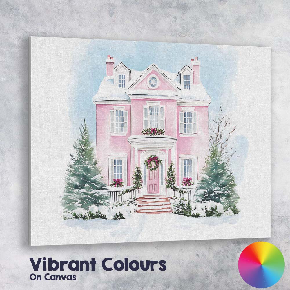 Elegant Pink Christmas House Snowy Watercolour Winter Home Canvas Wall Art Print Decor Picture Ready to Hang