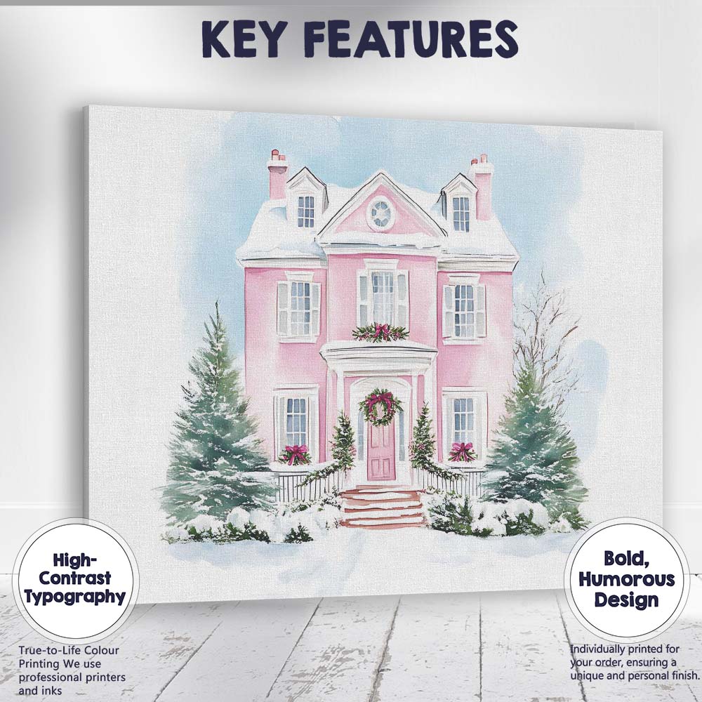 Elegant Pink Christmas House Snowy Watercolour Winter Home Canvas Wall Art Print Decor Picture Ready to Hang