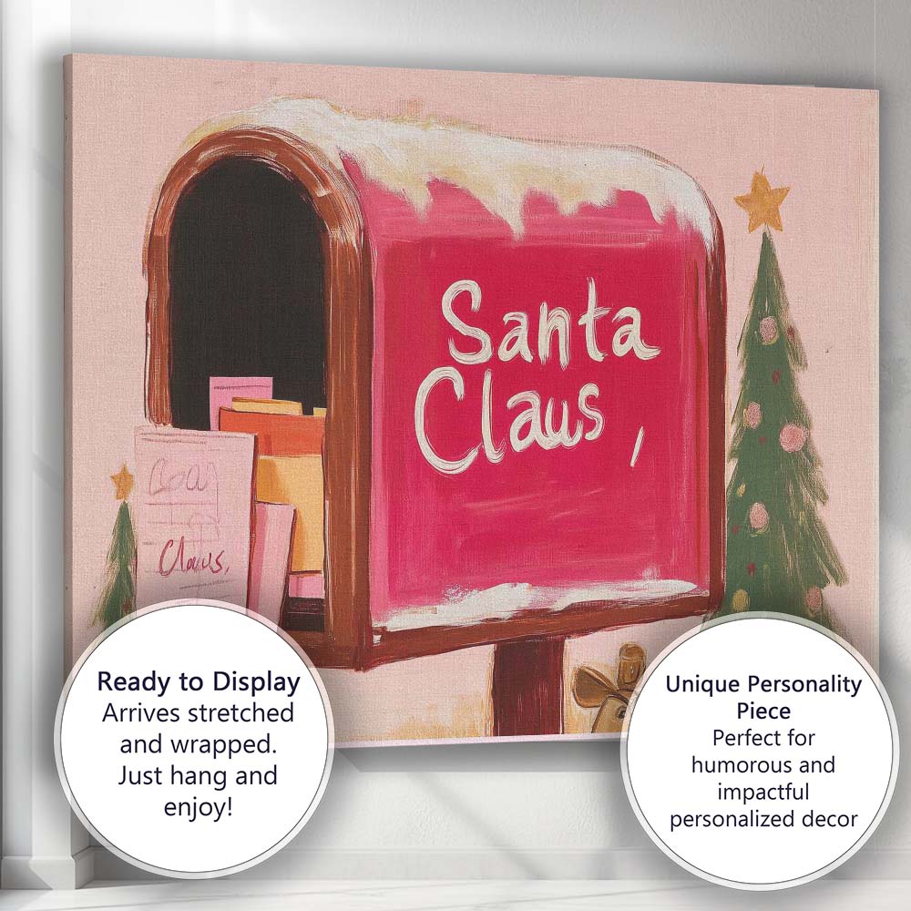 Pink Santa Claus Christmas Mailbox Festive Holiday Illustration Canvas Wall Art Print Decor Picture Ready to Hang