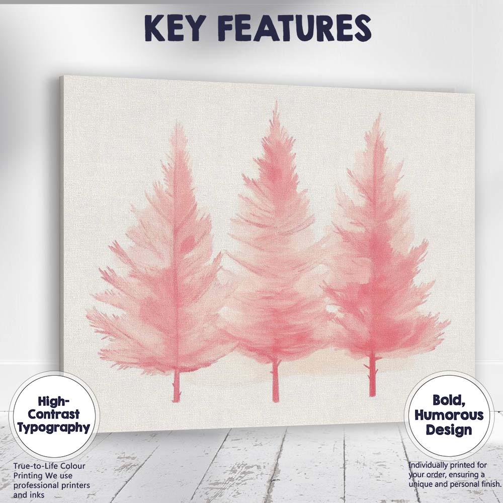 Soft Pink Watercolour Christmas Pine Trees Forest Canvas Wall Art Print Decor Picture Ready to Hang