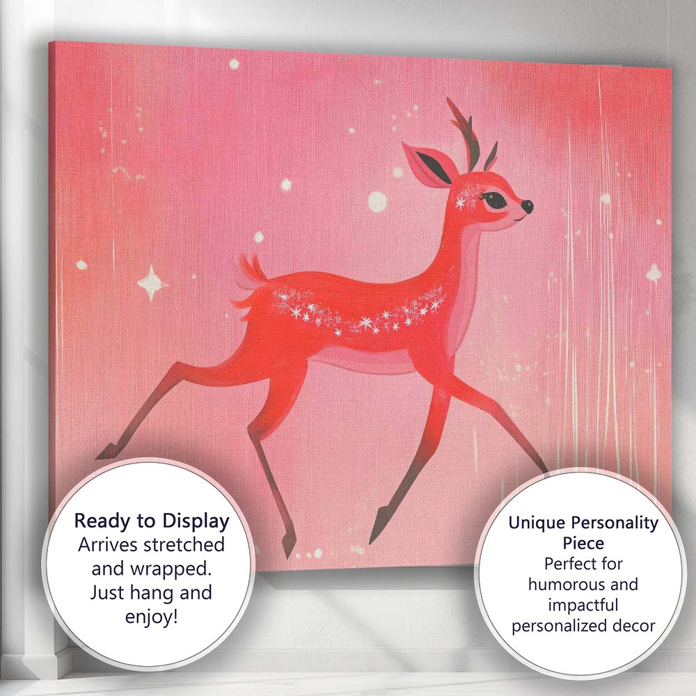Whimsical Pink Christmas Reindeer Winter Woodland Illustration Canvas Wall Art Print Decor Picture Ready to Hang