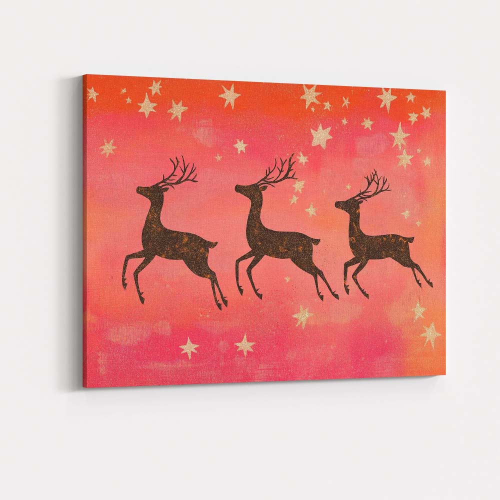 Rustic Reindeer Silhouette Gold Stars Christmas Night Canvas Wall Art Print Decor Picture Ready to Hang