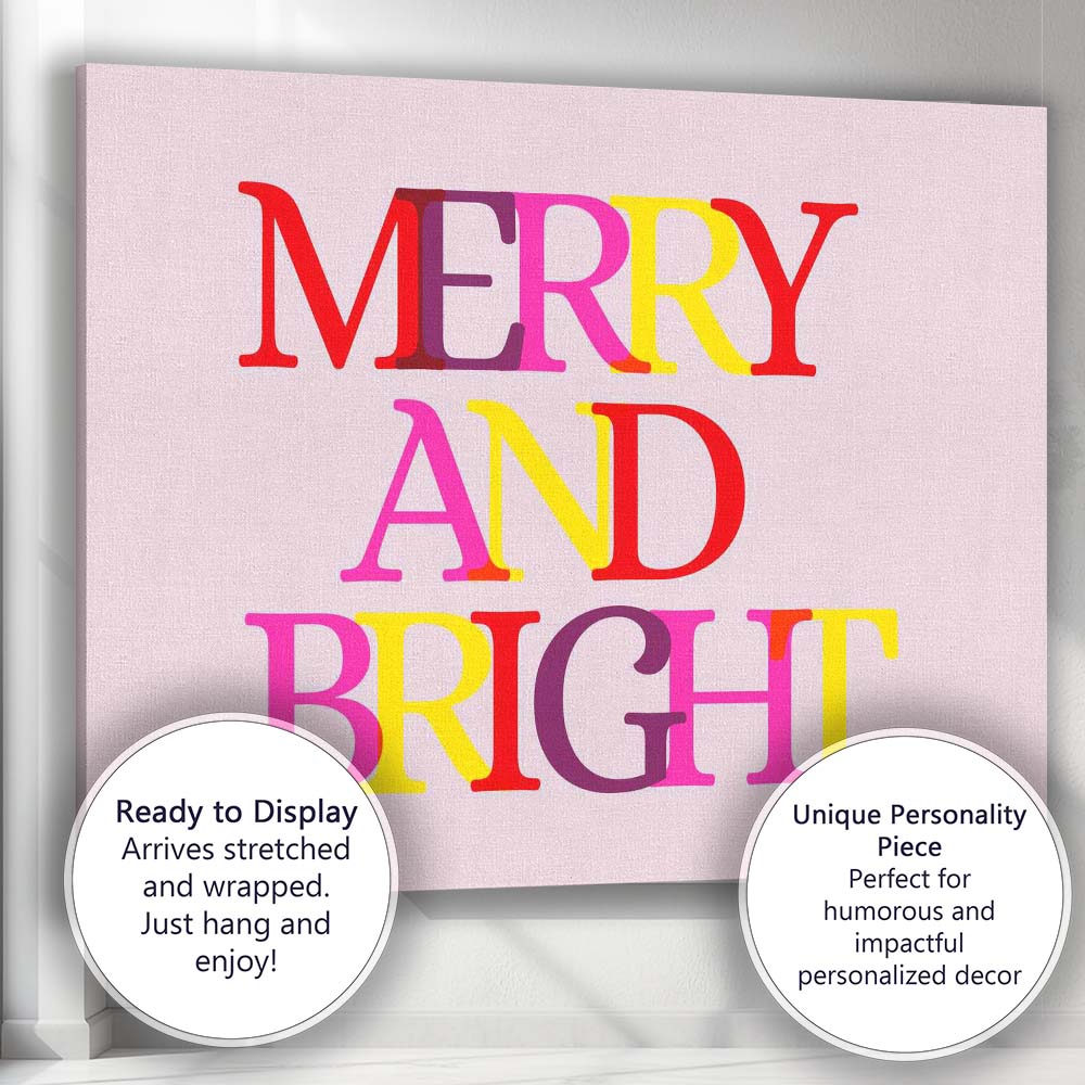 Merry and Bright Colourful Christmas Typography Quote Canvas Wall Art Print Decor Picture Ready to Hang