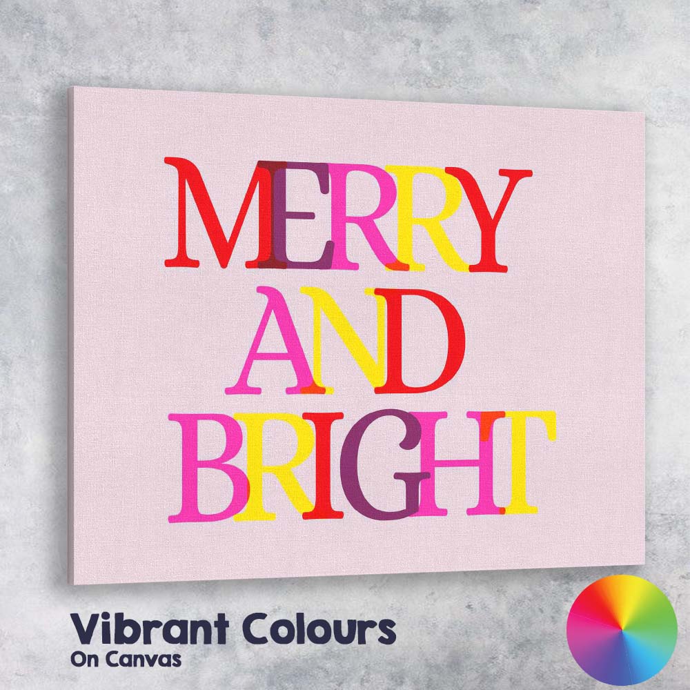 Merry and Bright Colourful Christmas Typography Quote Canvas Wall Art Print Decor Picture Ready to Hang