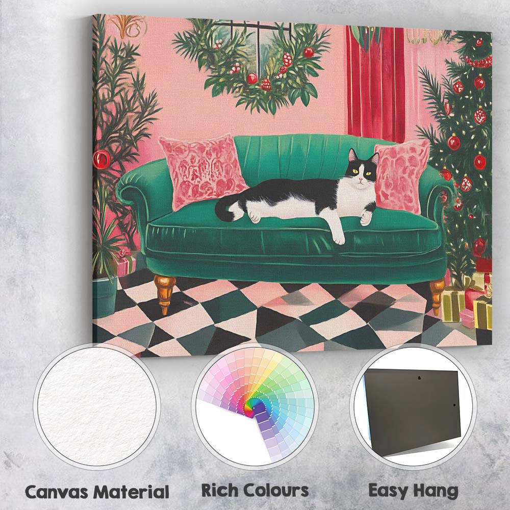 Festive Black and White Cat on Emerald Green Sofa Christmas Living Room Canvas Wall Art Print Decor Picture Ready to Hang