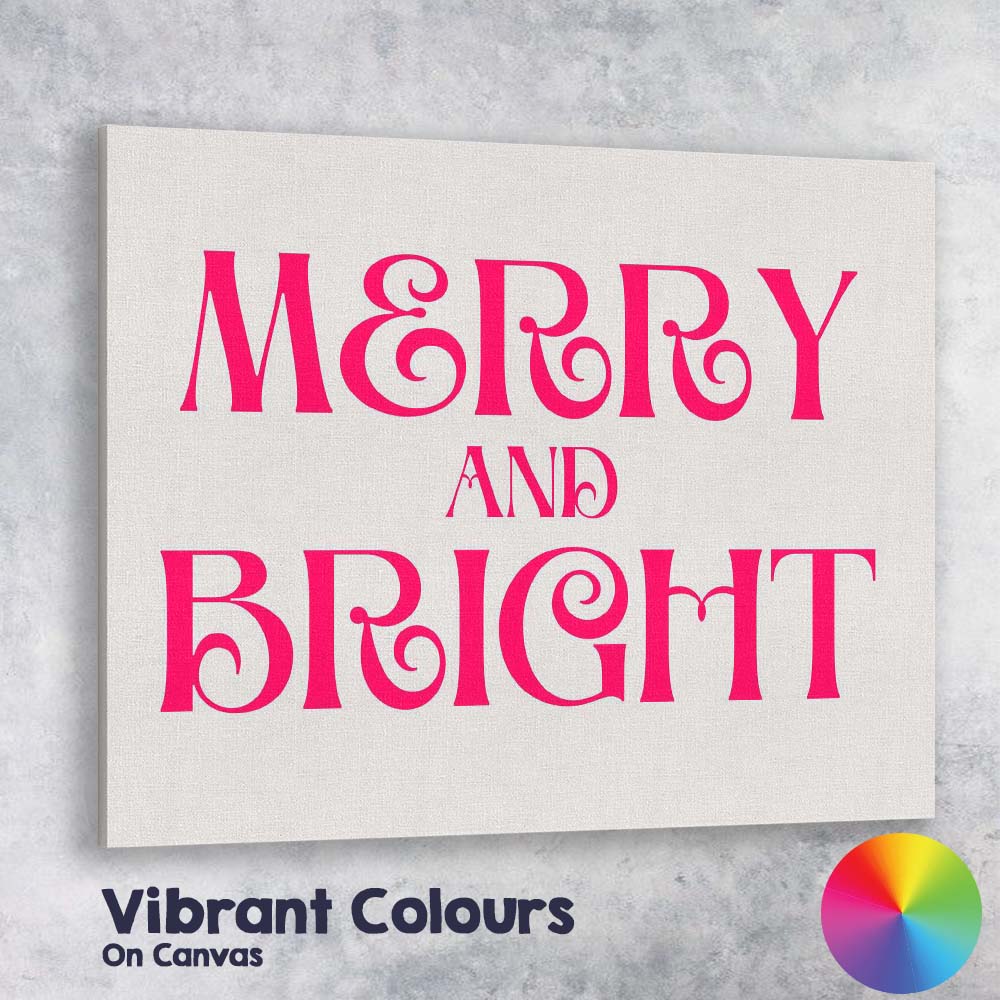 Merry and Bright Pink Festive Typography Quote Canvas Wall Art Print Decor Picture Ready to Hang