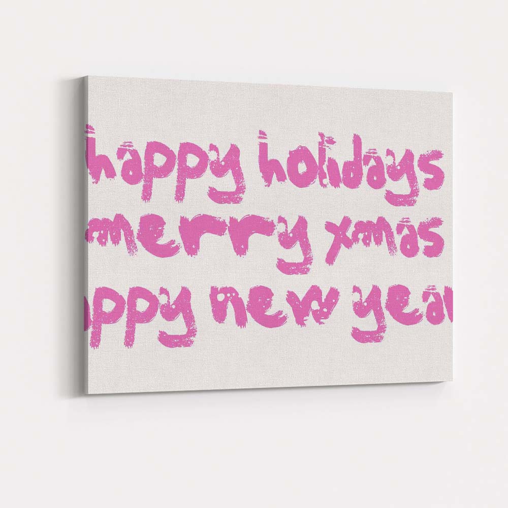 Pink Happy Holidays Distressed Typography Repeat Pattern Canvas Wall Art Print Decor Picture Ready to Hang