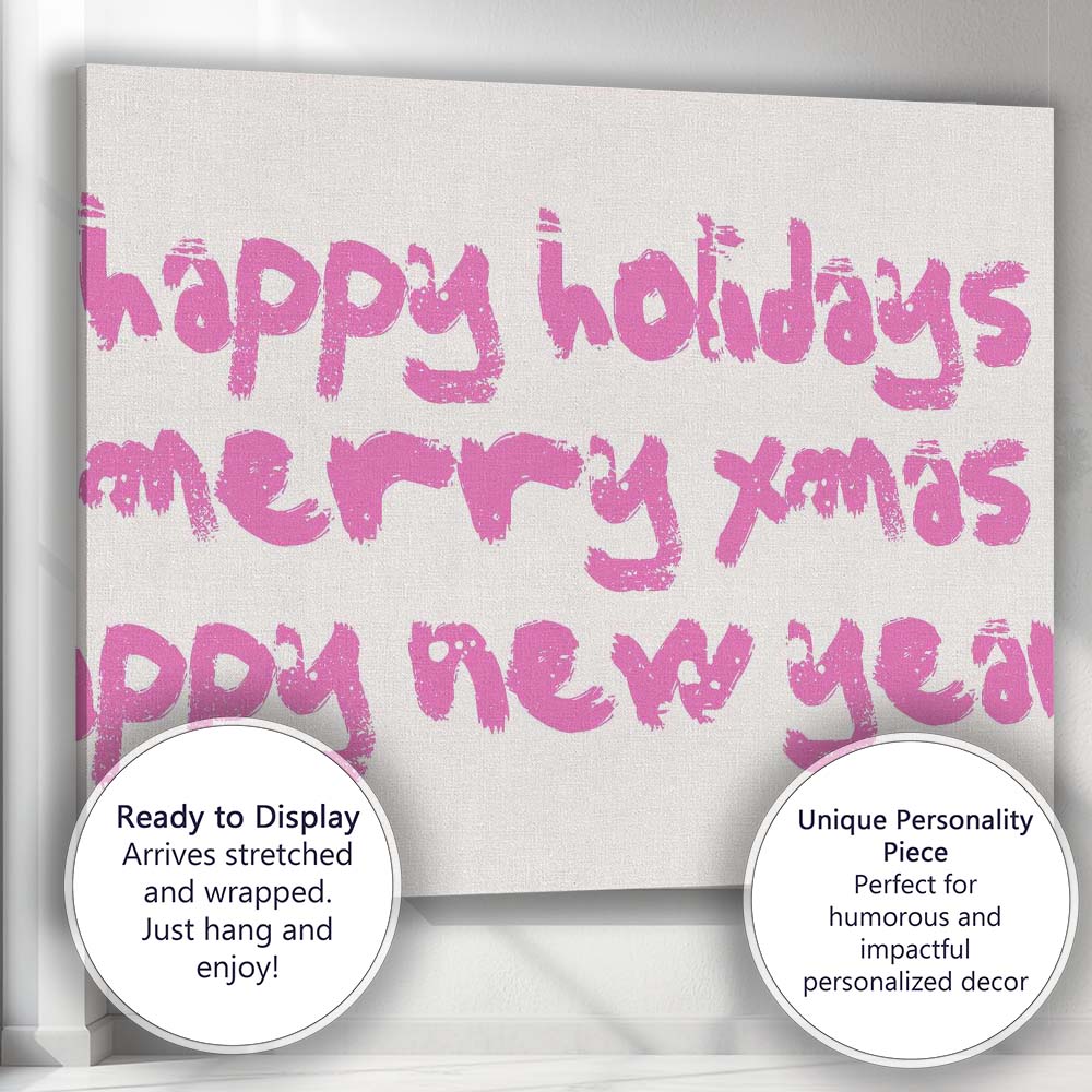 Pink Happy Holidays Distressed Typography Repeat Pattern Canvas Wall Art Print Decor Picture Ready to Hang