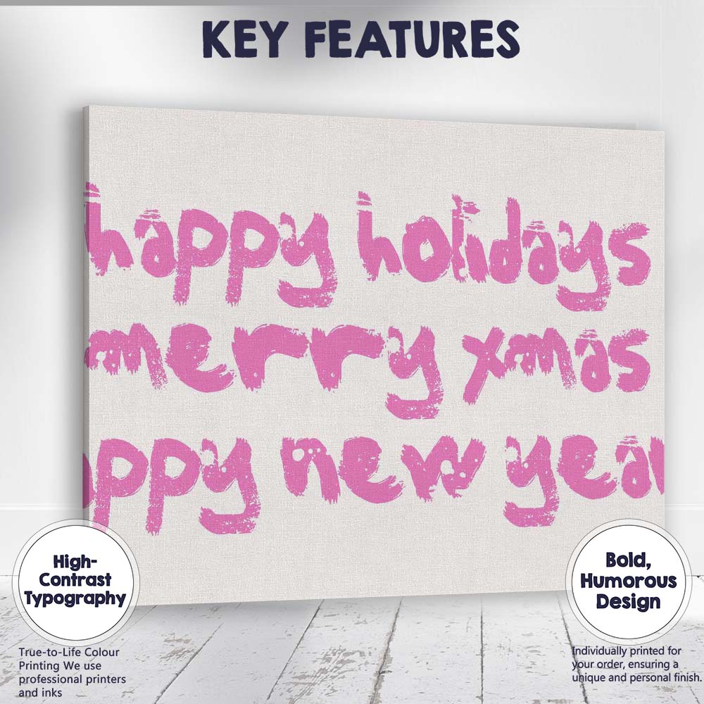 Pink Happy Holidays Distressed Typography Repeat Pattern Canvas Wall Art Print Decor Picture Ready to Hang