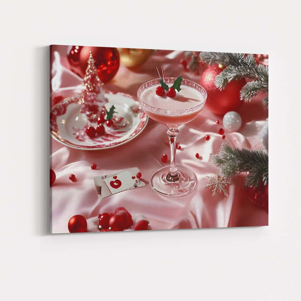 Festive Pink Christmas Cocktail Holly Berry Holiday Table Setting Canvas Wall Art Print Decor Picture Ready to Hang
