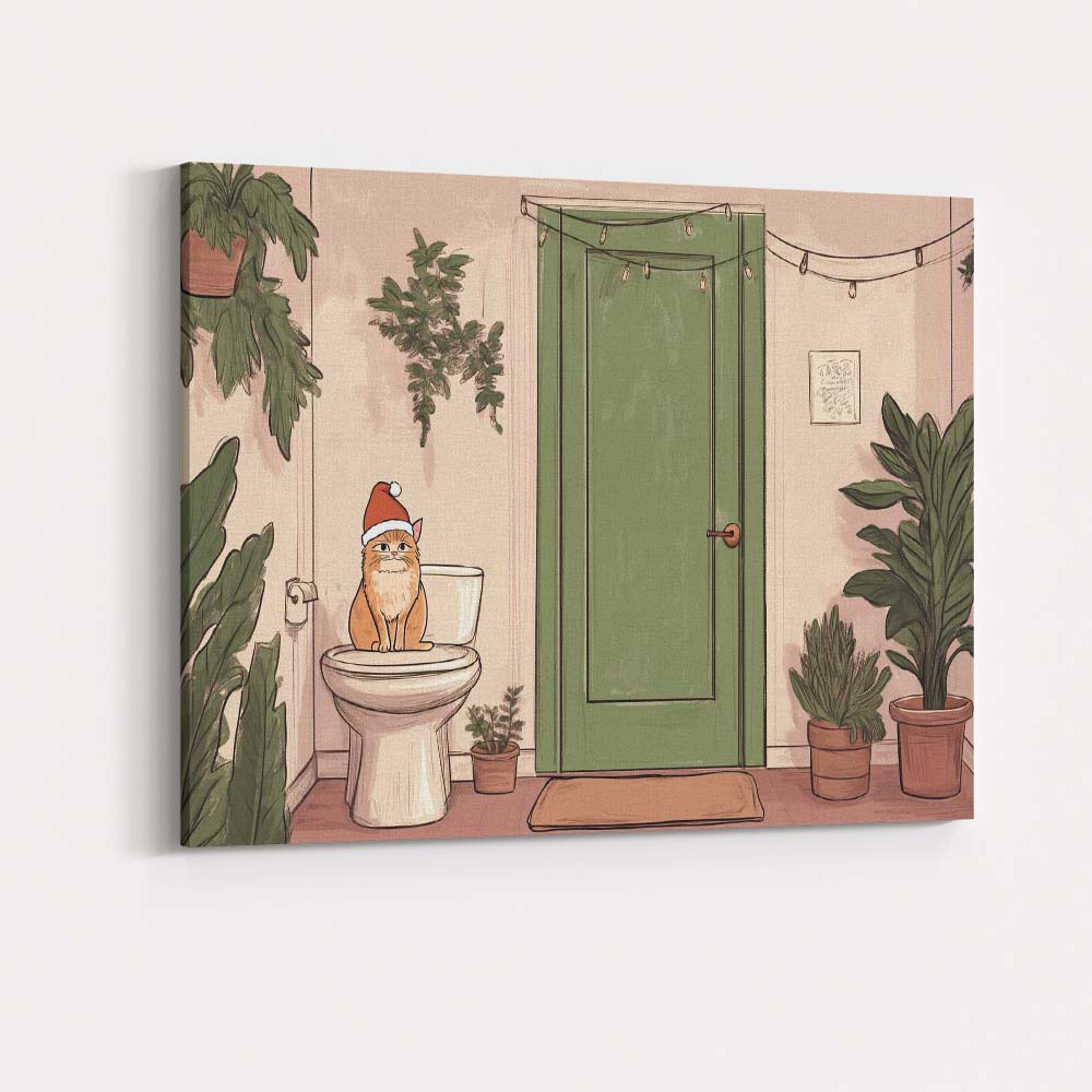 Funny Christmas Cat Wearing Santa Hat Bathroom Illustration Canvas Wall Art Print Decor Picture Ready to Hang