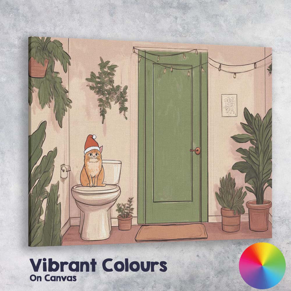 Funny Christmas Cat Wearing Santa Hat Bathroom Illustration Canvas Wall Art Print Decor Picture Ready to Hang