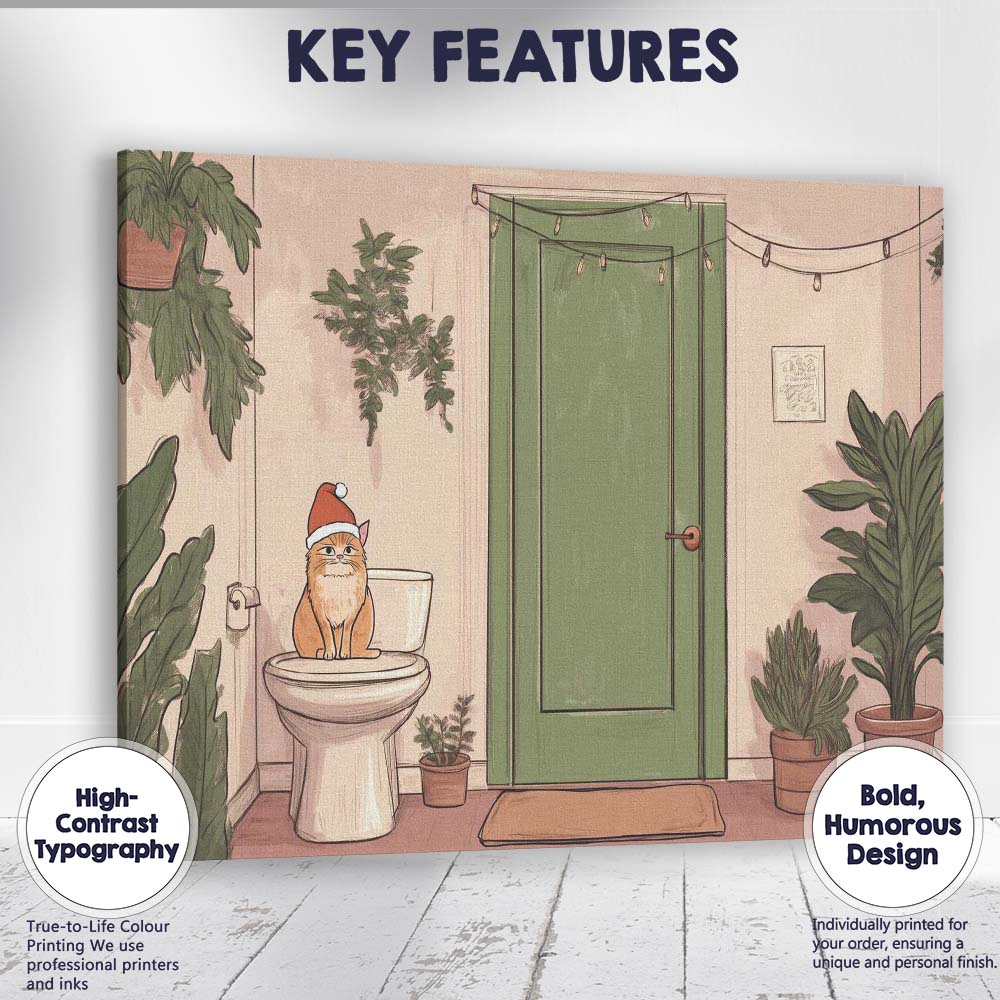 Funny Christmas Cat Wearing Santa Hat Bathroom Illustration Canvas Wall Art Print Decor Picture Ready to Hang