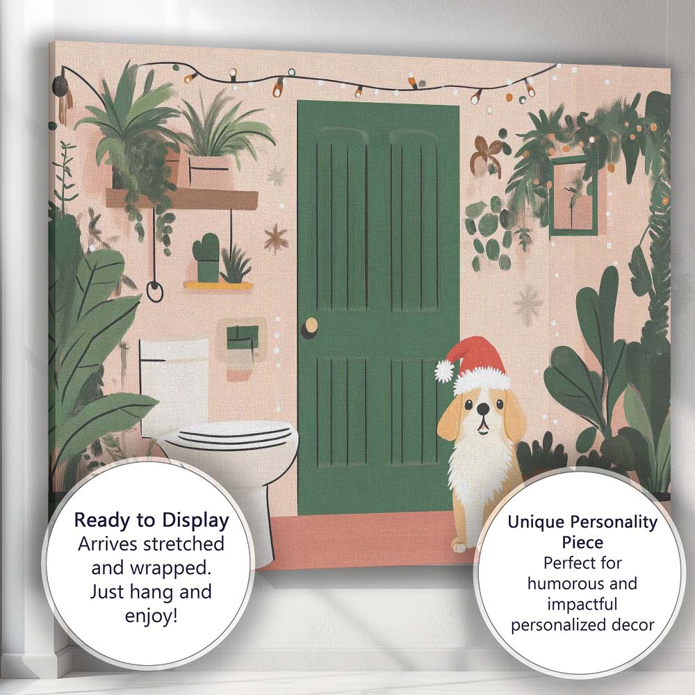 Cute Christmas Puppy Santa Hat Botanical Bathroom Illustration Canvas Wall Art Print Decor Picture Ready to Hang