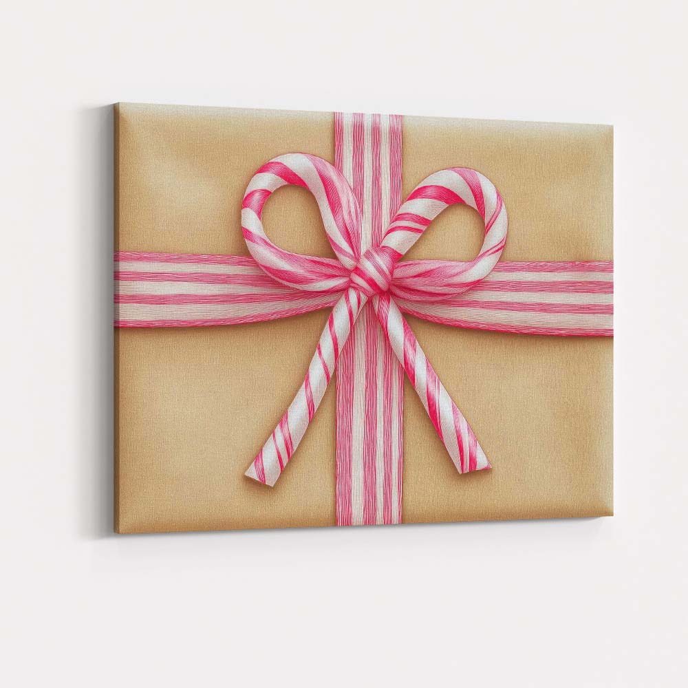 Pink Candy Cane Ribbon Gift Bow Christmas Present Illustration Canvas Wall Art Print Decor Picture Ready to Hang