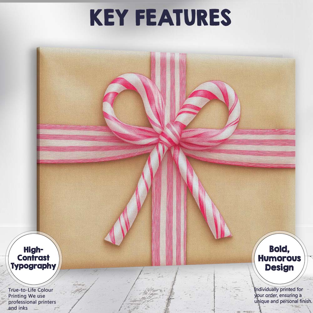 Pink Candy Cane Ribbon Gift Bow Christmas Present Illustration Canvas Wall Art Print Decor Picture Ready to Hang