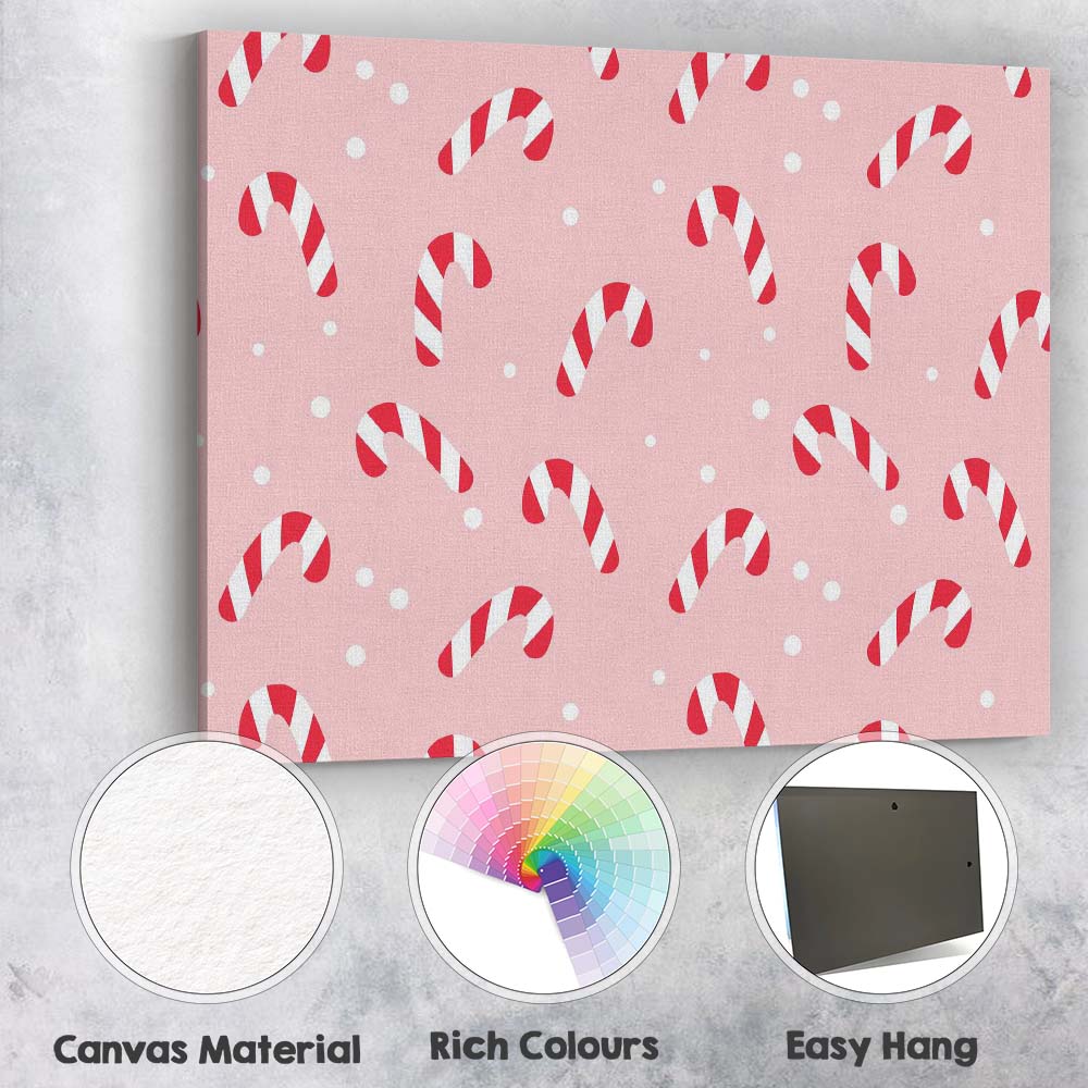 Cute Pink Candy Cane Christmas Seamless Repeat Pattern Canvas Wall Art Print Decor Picture Ready to Hang
