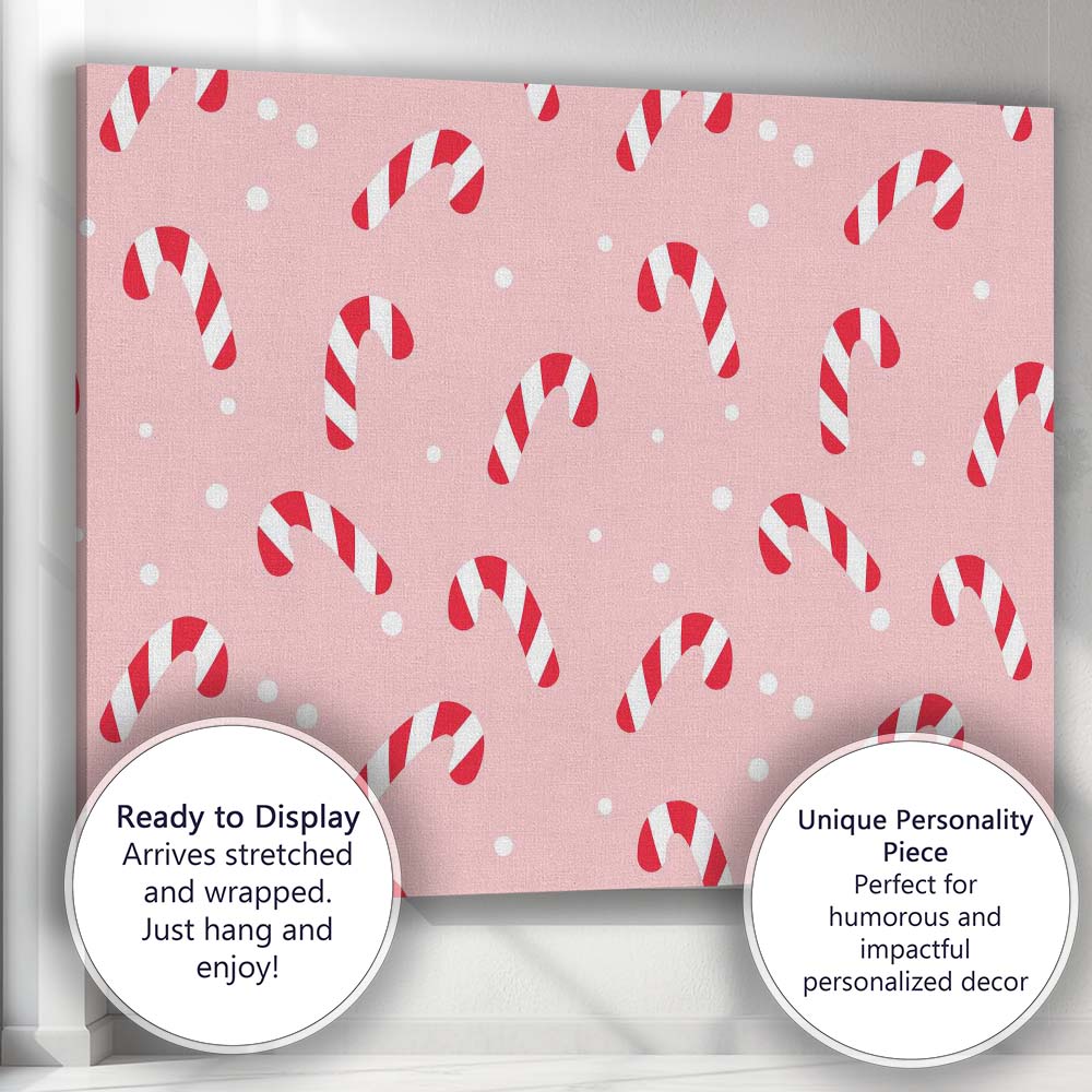 Cute Pink Candy Cane Christmas Seamless Repeat Pattern Canvas Wall Art Print Decor Picture Ready to Hang